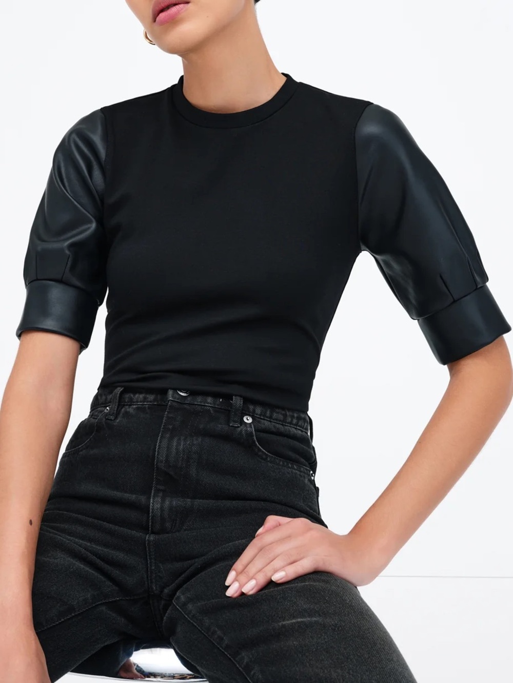 Marcella NYC Trove Top Crewneck European Vegan Leather Sleeve Top Black Small